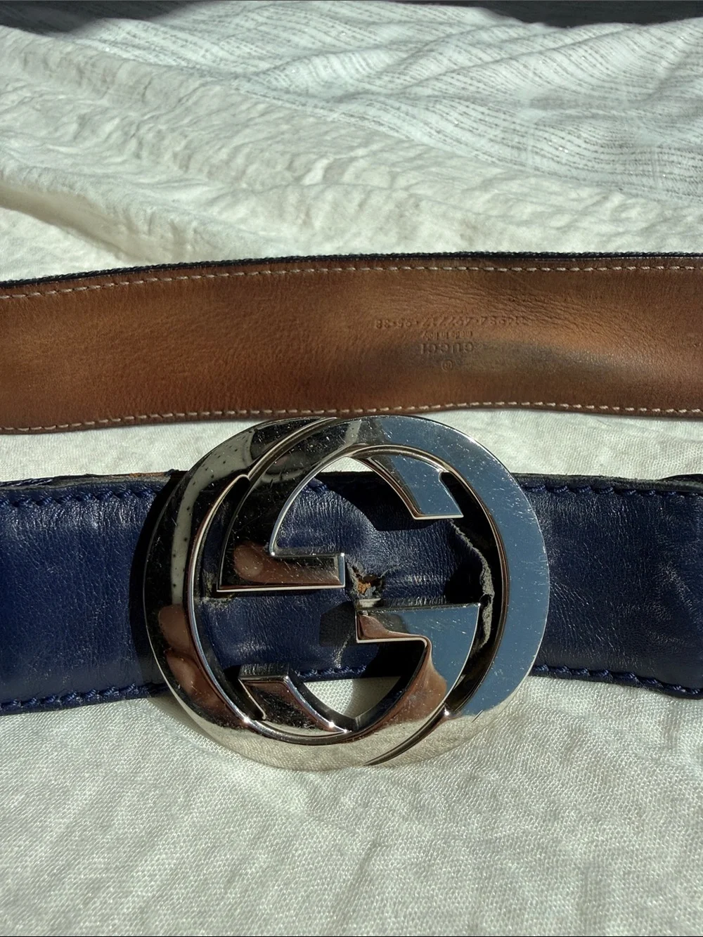 Gucci Navy Web Belt with Silver Double G Buckle